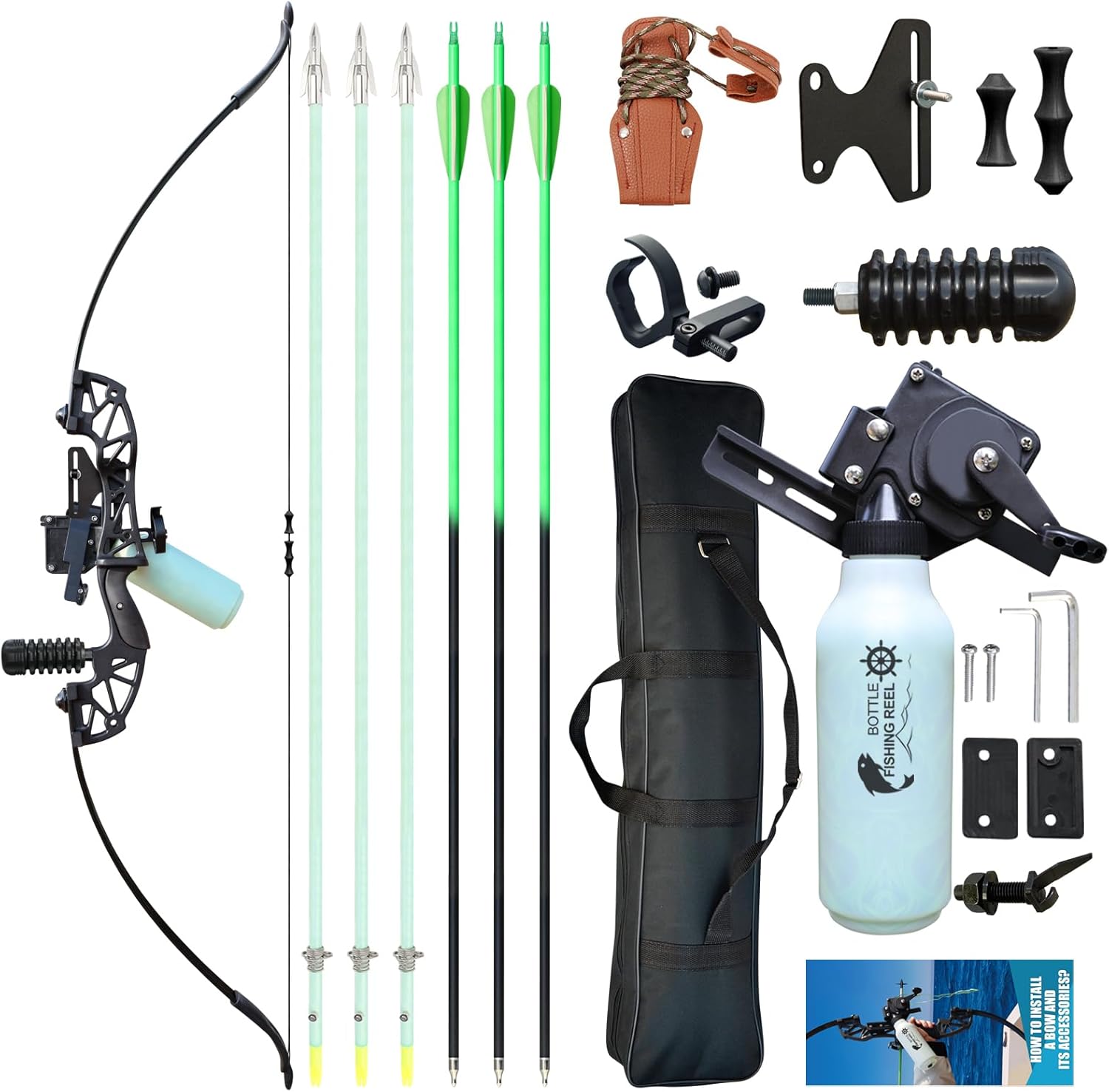 Bow Fishing Combo Kit 40lb Bowfishing Kit Right Handed, Fishing Bow Adult Beginner Recurve Bow and Arrow with Reel, 3X Carbon Arrows for Target Practice