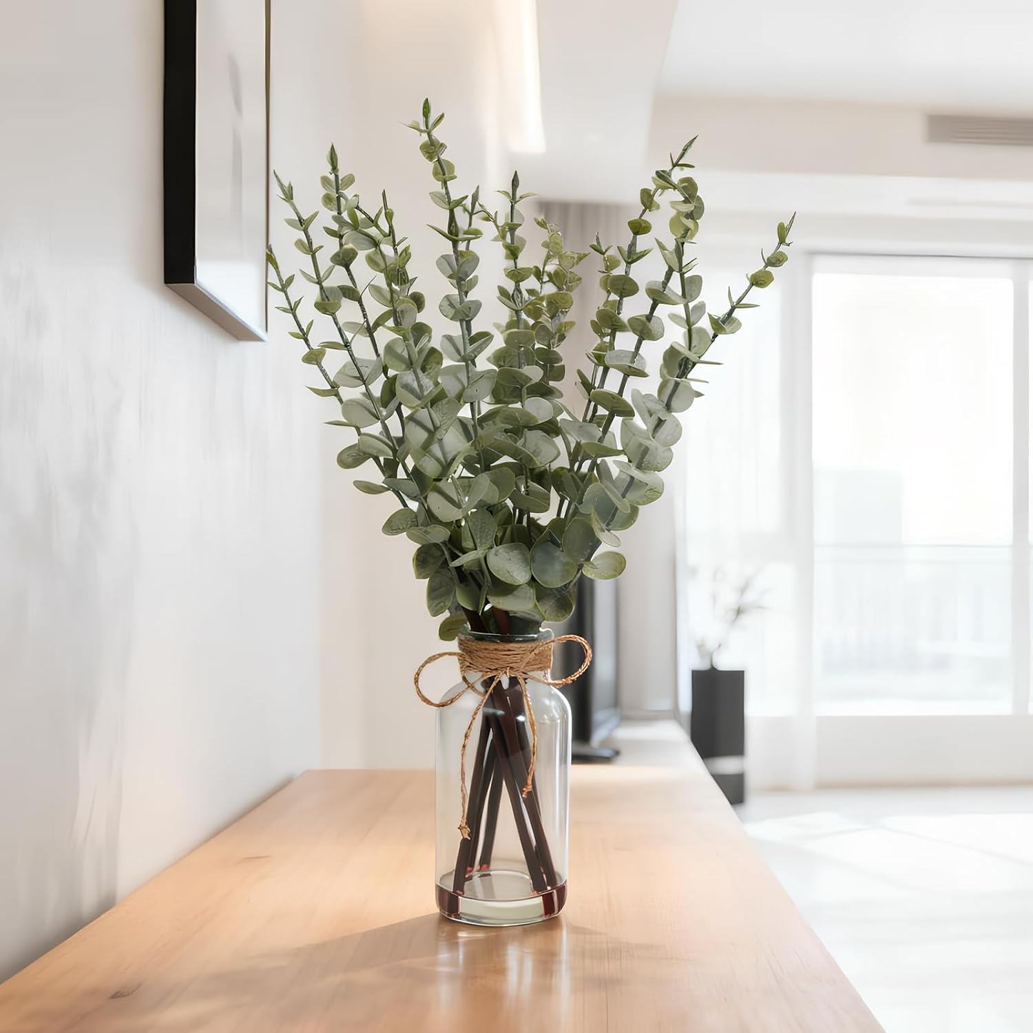 SwanMoon 17.5 Inch Artificial Eucalyptus Stems in Glass Vase with Faux Water, Fake Eucalyptus Leaves and White Seeds for Table Centerpiece, Farmhouse Wedding Home Greenery Decoration - Image 2