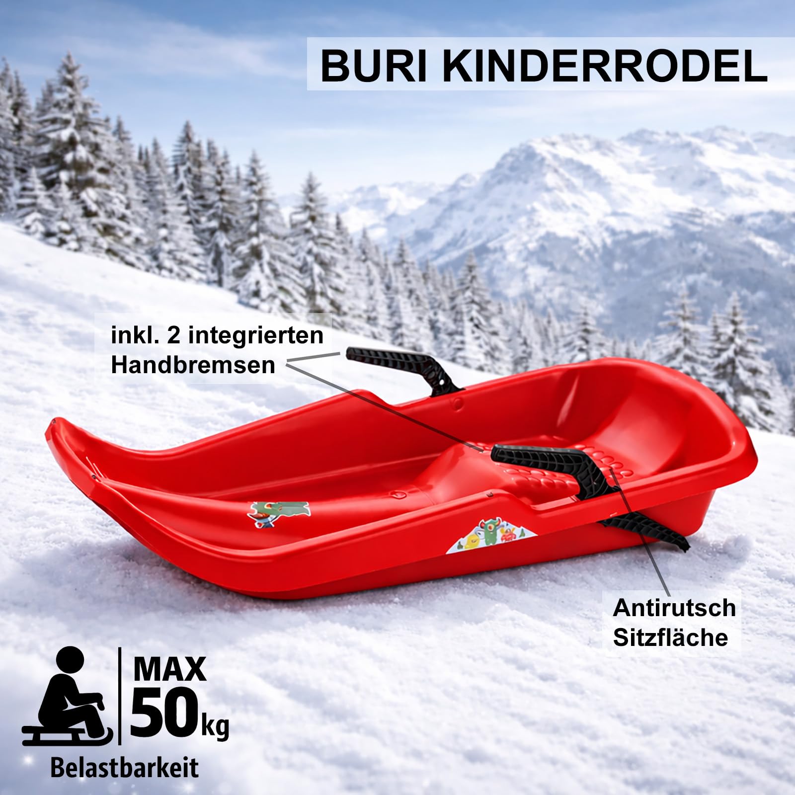 Schlitten Twister mit Bremsen 80 cm Kinderrodel Rot Antirutsch Winterspaß | Handbremsen, Schlittenleine, bis 50 kg belastbar, ab 3 Jahren, robuster Kunststoff, leicht lenkbar, Winterspaß, langlebig
