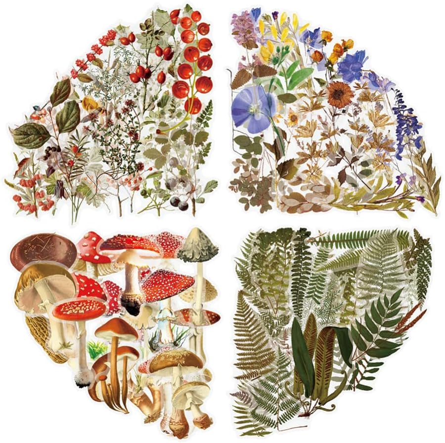 Wpond 160Pcs Mixed Plant Stickers,Flower/Berry/leaf/Mushroom Stickers,Scrapbook Sticker,Waterproof Transparent Retro Decals for Laptop,Skateboard,Water Bottles,Computer,Phone,Guitar