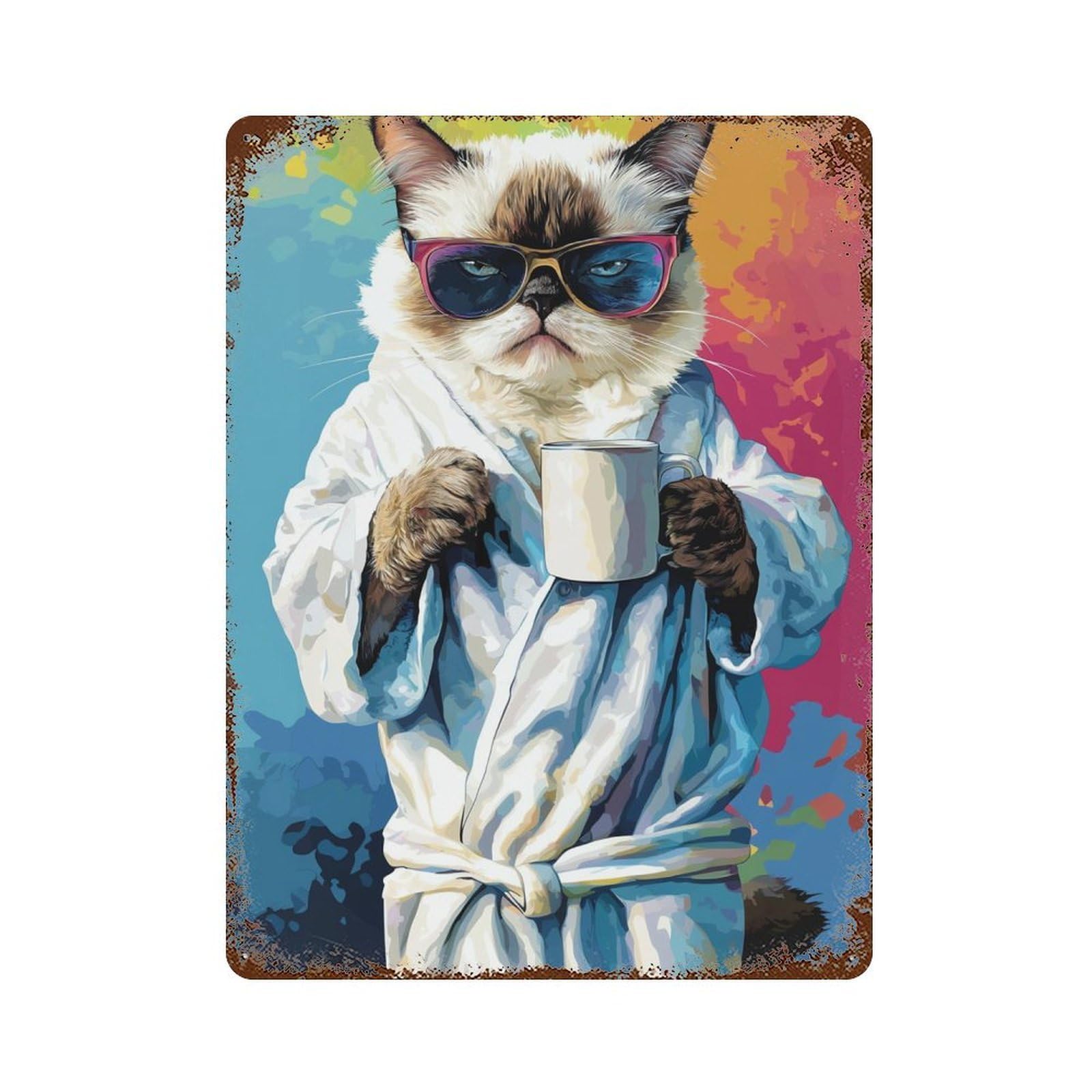 Chill Cat with Coffee Mug Rustic Tin Plaque 15.7"x11.8", Ideal for Office, Studio And Wall Decor