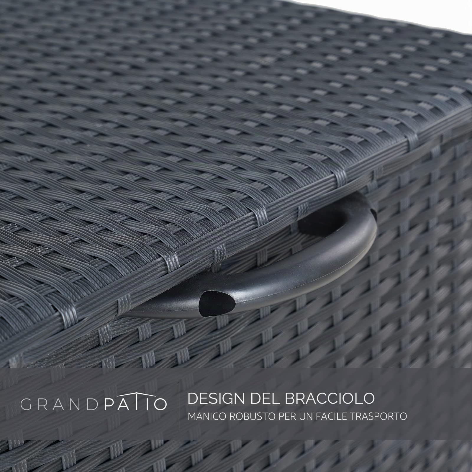 Grand patio Contenitore Box 480 L in Resina, Baule da Giardino con Rotelle Coperchio, Cassapanca Per Esterni, Facile Montaggio, Polyrattan Box Esterno da Giardino Esterno (Nero)