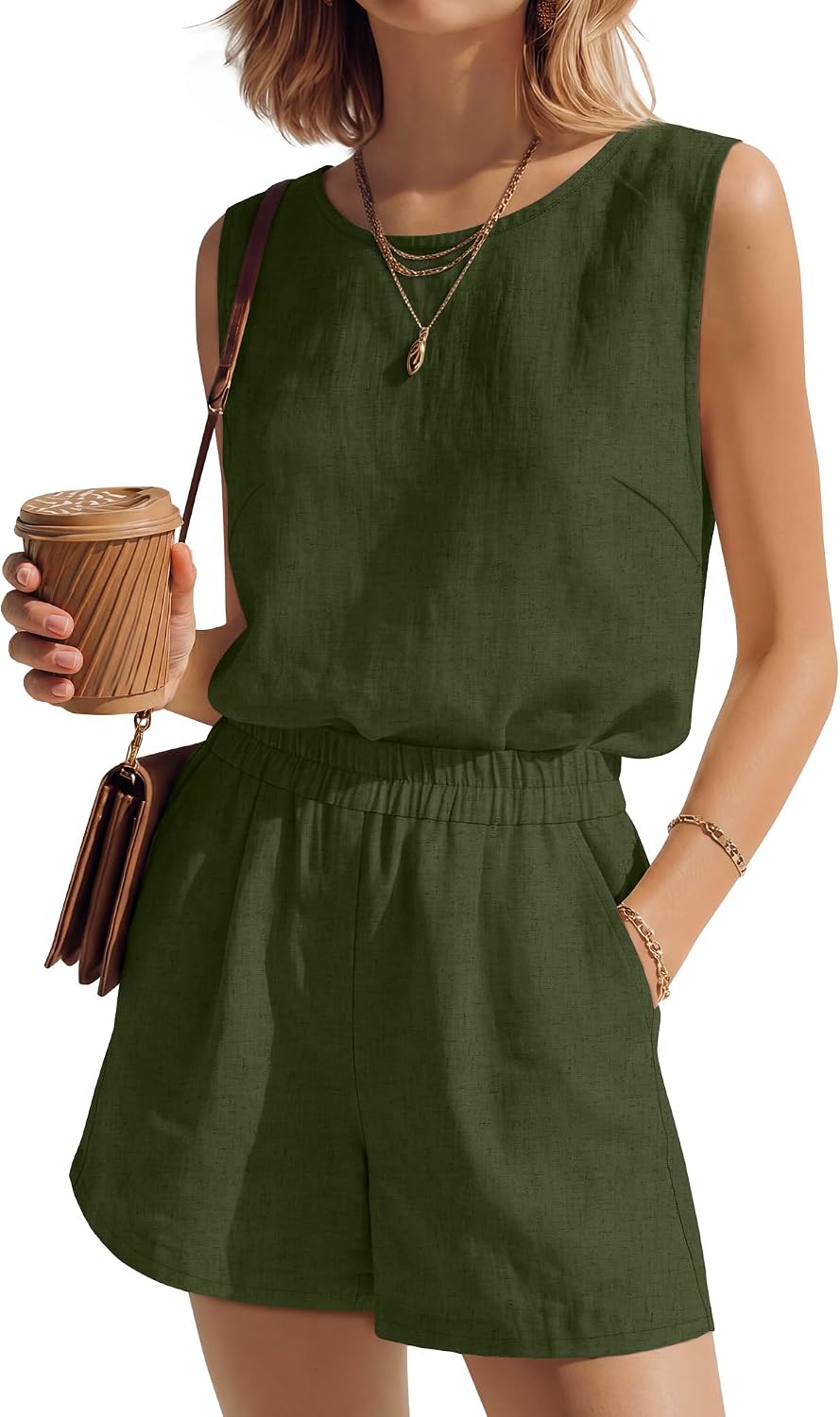 Ficerd Womens 2 Piece Summer Outfits Linen Short Sets Round Neck Sleeveless Tank Top Elastic High Waisted Shorts with Pockets