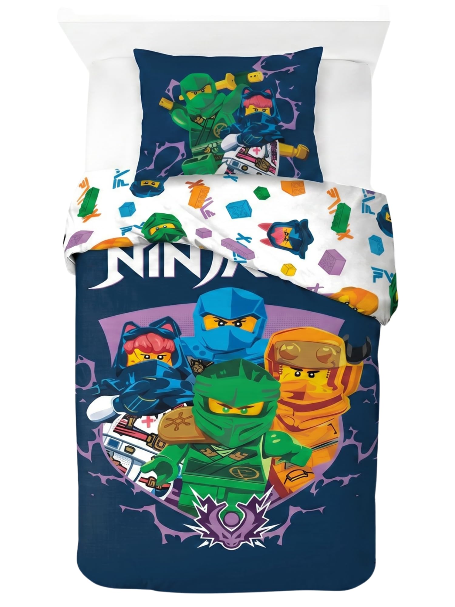 Lego Ninjago Bedding Set for Kids | Single Size Duvet Cover 140x200 cm with Pillowcase 50x70cm, 100% BCI Cotton | Soft Breathable & Riversible Children’s Bed Linen Set (Ninjago - Blue & White)