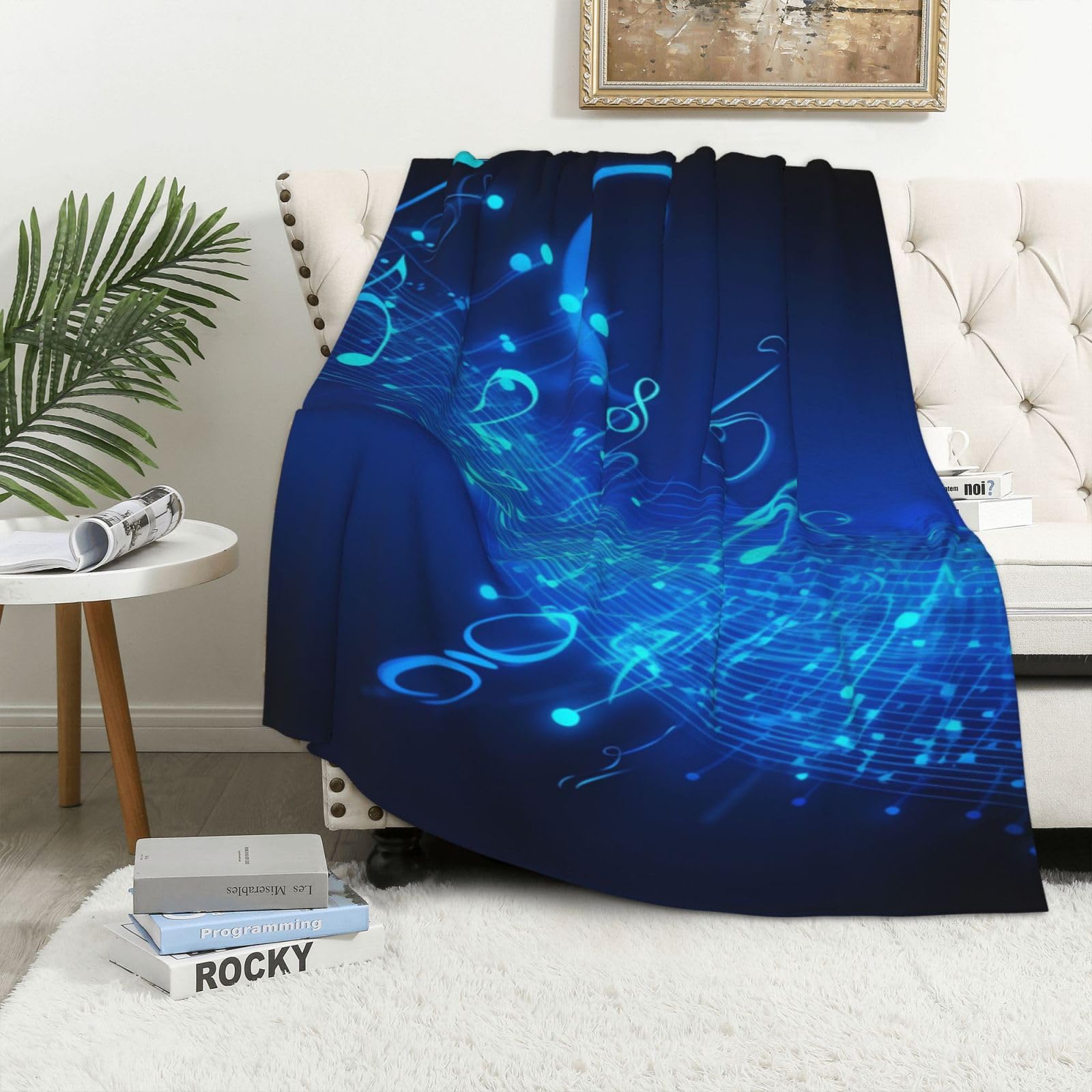 Couverture polaire en flanelle bleue 100x150 cm pour lit et canapé à motif notes de musique