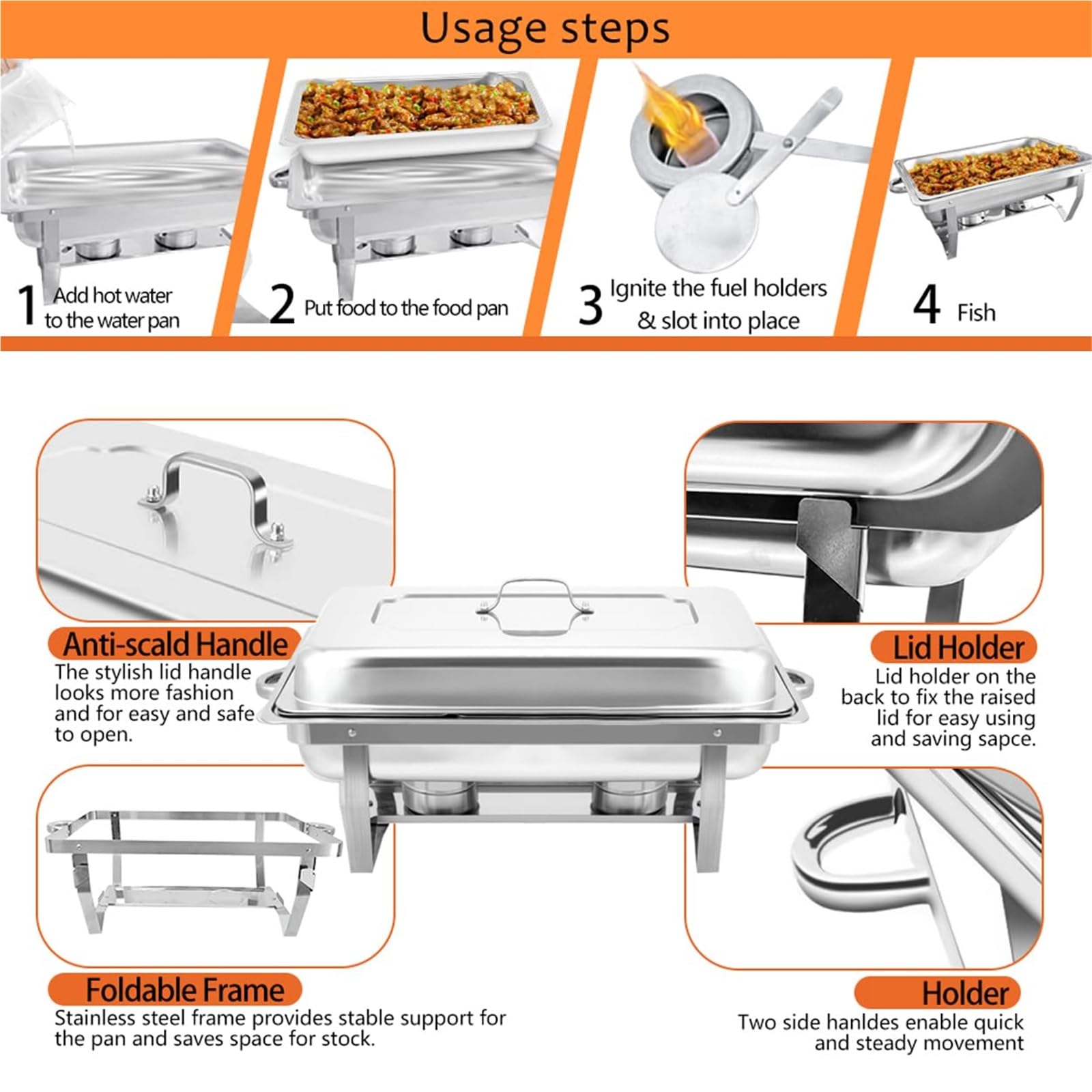 9l Acciaio Inossidabile Chafing Dish Rettangolo Food Warmer Buffet Server Piatti di Servizio, Chafing Dish Catering Buffet Set, 9L Acciaio Inox Rettangolari Catering Server, per Party, Feste, Matrimo