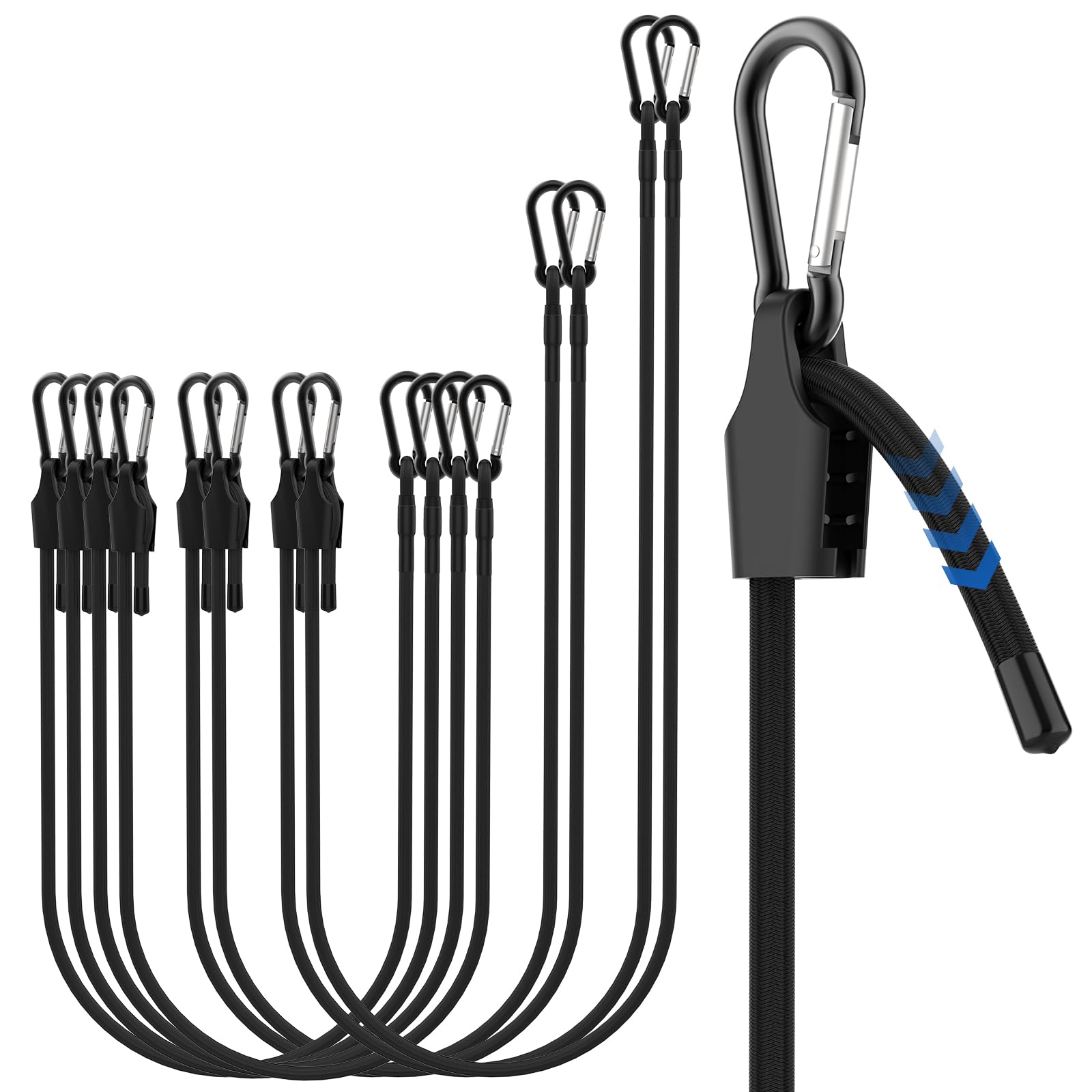 Regulowany sznurek bungee z haczykami, 3 rozmiary, 30 cm, 61 cm, 91 cm, czarny, super elastyczny pasek bungee z karabińczykiem, wytrzymały zewnętrzny karabińczyk do ładunku, kempingu