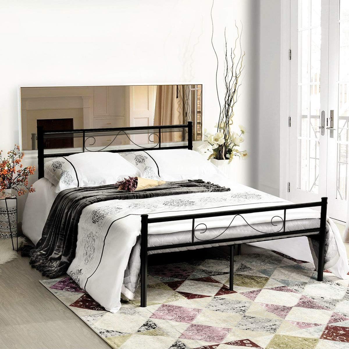 GreenForest Full Size Bed Frame with Headboard Metal Heavy Duty Stable Slats Supports Boxspring Replacement Double Platform Mattress Base,Black (Full)