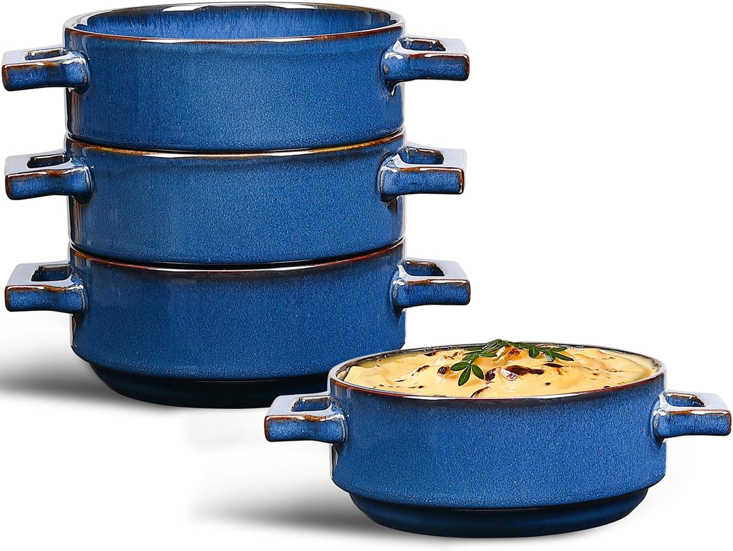 French Onion Soup Bowls – 24 Oz Ceramic Soup Crocks with Handles for French Onion Soup, Beef Stew, Chili, Cheese – Microwave Dishwasher Oven Safe, Set of 4, Blue