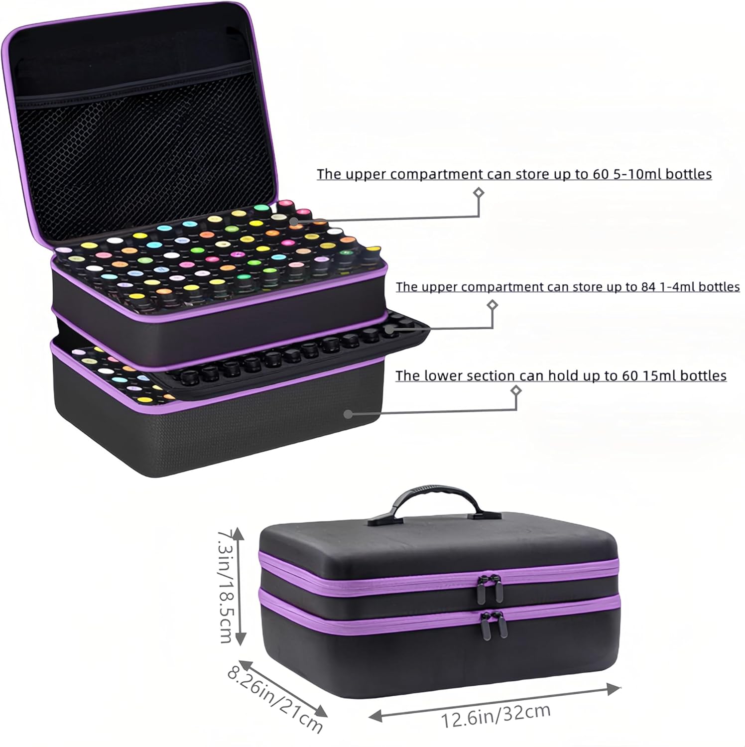 204 bottles of EVA essential oil storage box with a hard shell exterior oil storage bag, capable of holding 1-3 ml, 5 ml, 10 ml, 15 ml of essential oil. The hard shell is shockproof