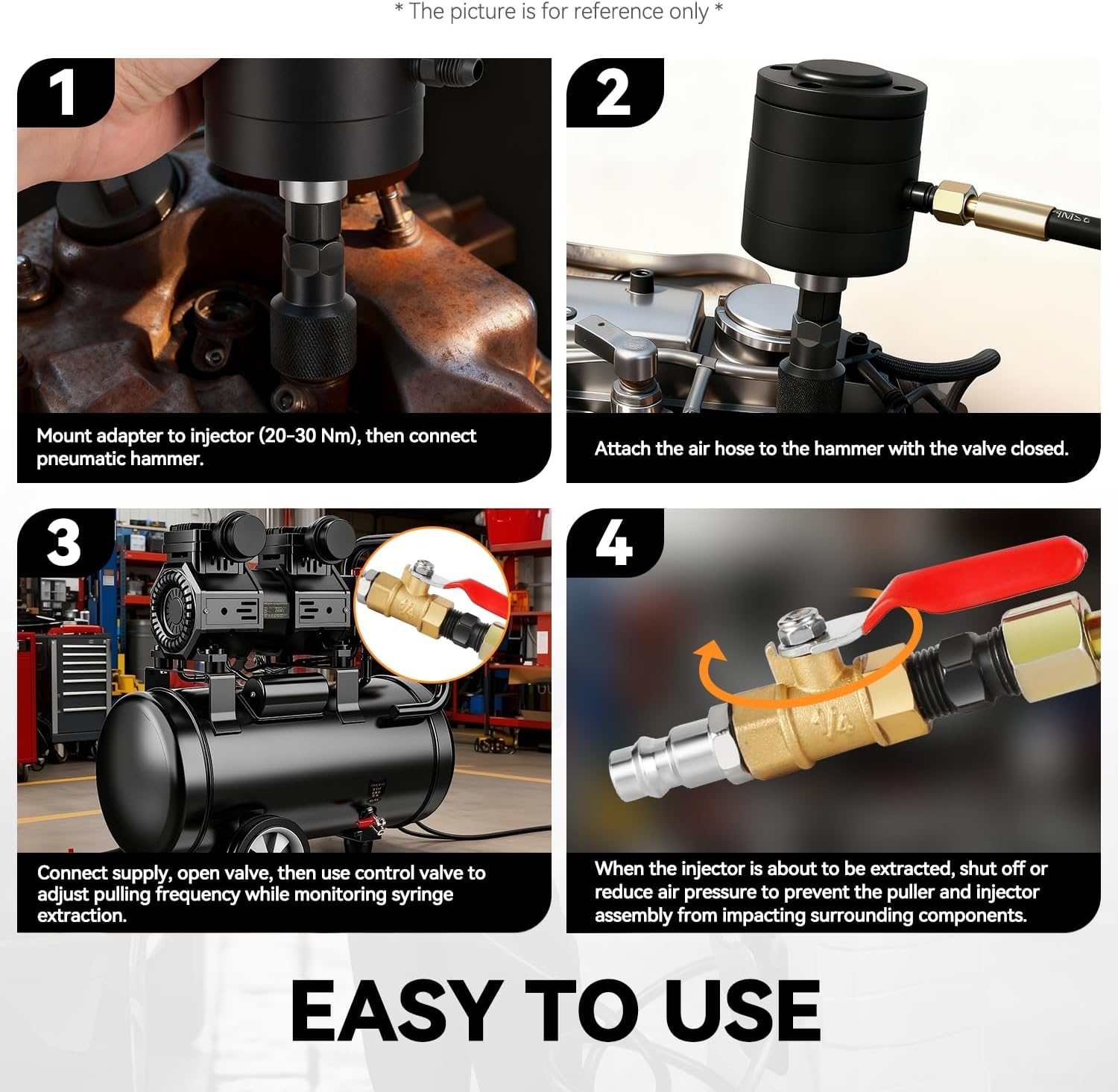 Auto Dynasty 24pcs Diesel Injector Puller Extractor Puller Adapters Kit Pneumatic Injector Puller Tool for Diese Engine, 3 Sizes Pullers 5-8 Bar Air Vibration Injector Removal Engine Tools Kit