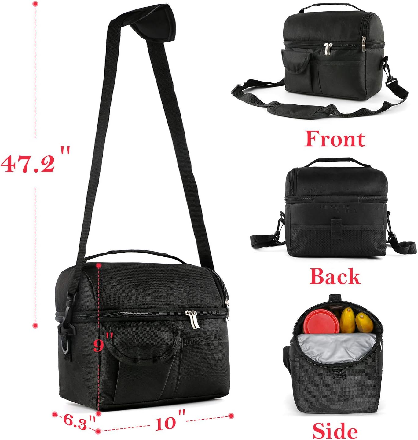 Lunch Bag Cooler Tote Bag Luch Box Lunch Container Lunch Organizer,Lunch Holder with Front Pocket Zipper Closure for Woman Man Work Pinic or Travel (black 2)