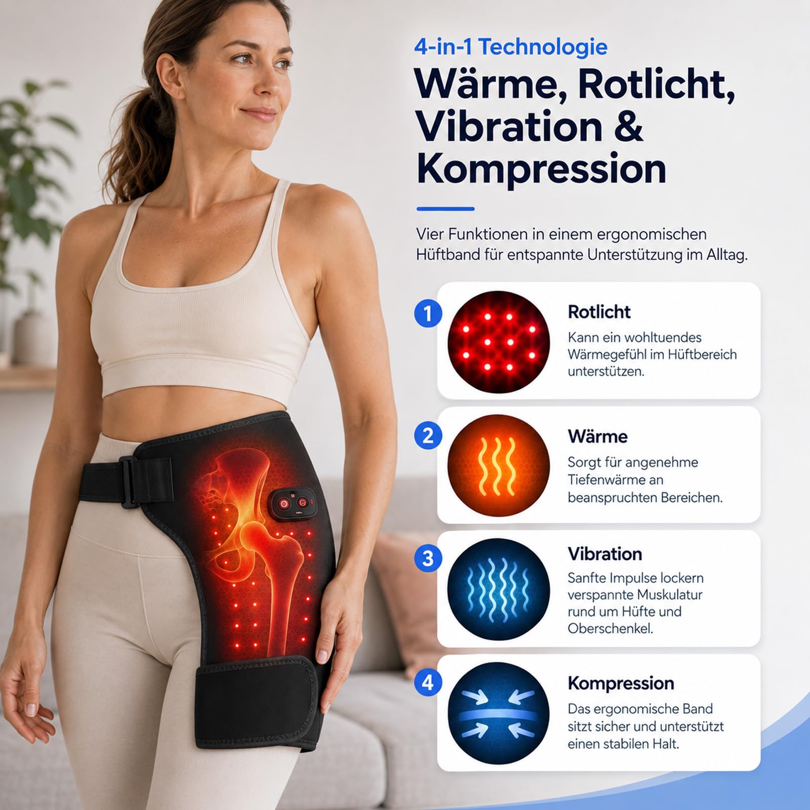 Hipora 4-in-1 Hüftmassager - Mit Wärmefunktion, 4 Massageköpfen