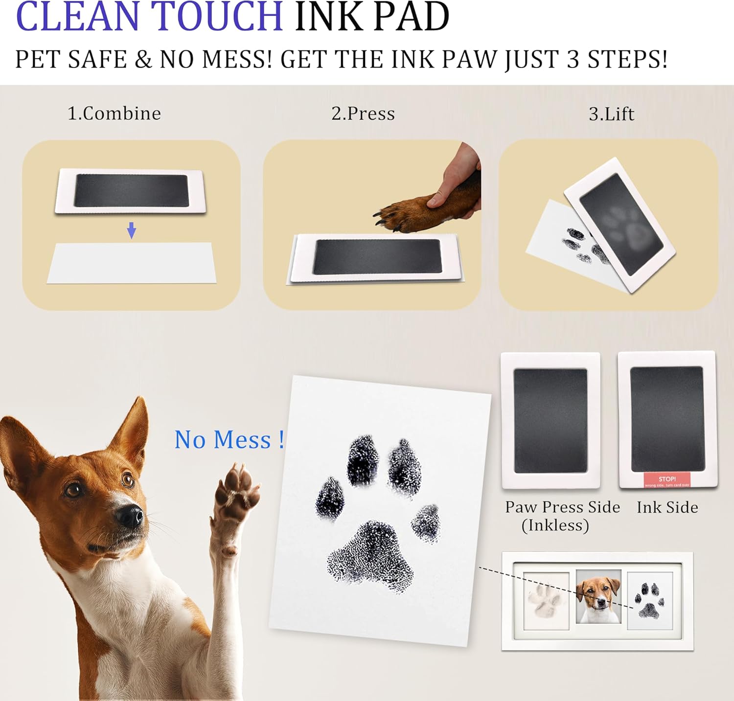MYPAWLETS Paw Print Frame Kit,Dog/Cat Paw Print Kit,Soft Pawprint Clay&Clean Touch Ink Pad,Pet Paw Print Impression Kit with Customization Tool,Wooden Pet Memorial Frame,DIY Dog Lover Gifts-White - Image 4