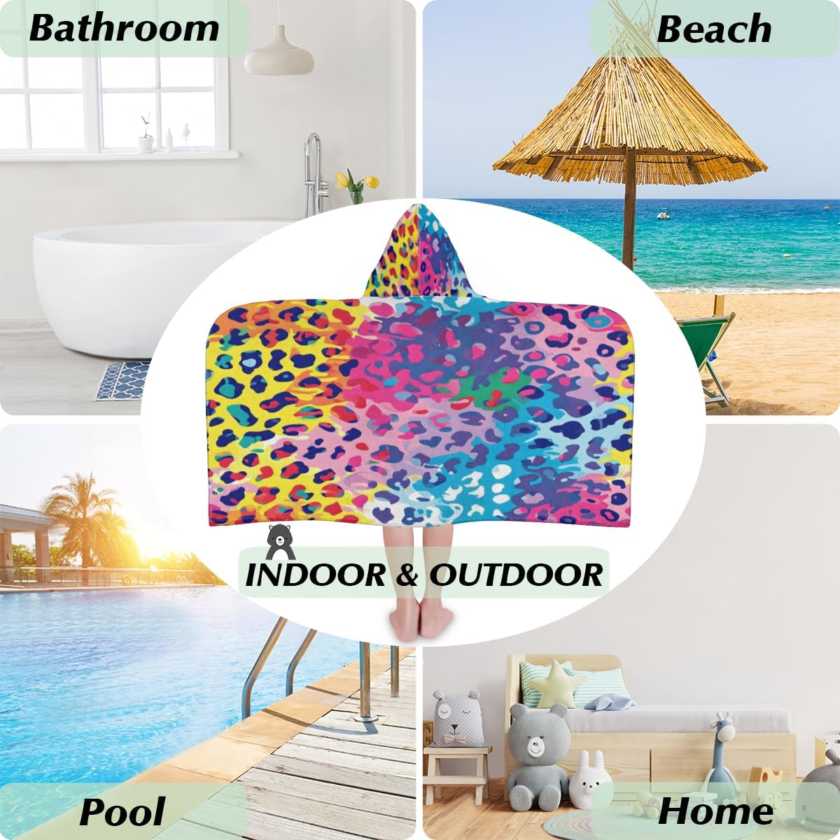 Leopard Print Kids Hooded Beach Towel for Girls Boys, Leopard Cheetah Large Hooded Bath Towel Wrap Absorbent Quick Dry Toddler Swim Shower Pool Beach Towel