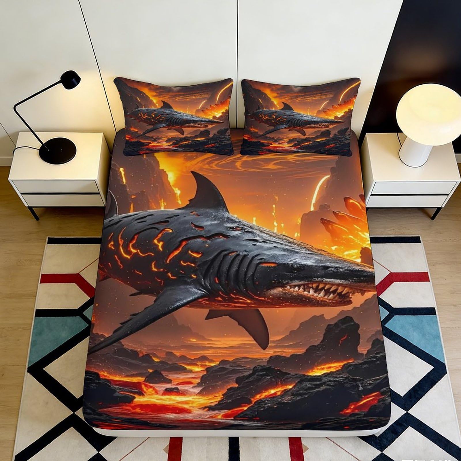 3D Printed Lava Shark Fitted Sheet Microfiber Soft Breathable Volcano Mattress Cover for Bedroom Dorm Bedding Decor 90x200x25cm