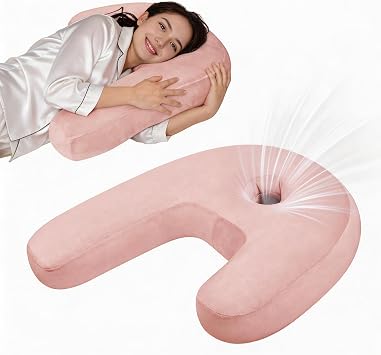 J-Shaped Ear Piercing Pillow, 4" Hole, Ergonomic, Pink Velvet | Removable/Washable, 20x26 in, for side sleeping, neck & shoulder contour, breathable, CNH relief