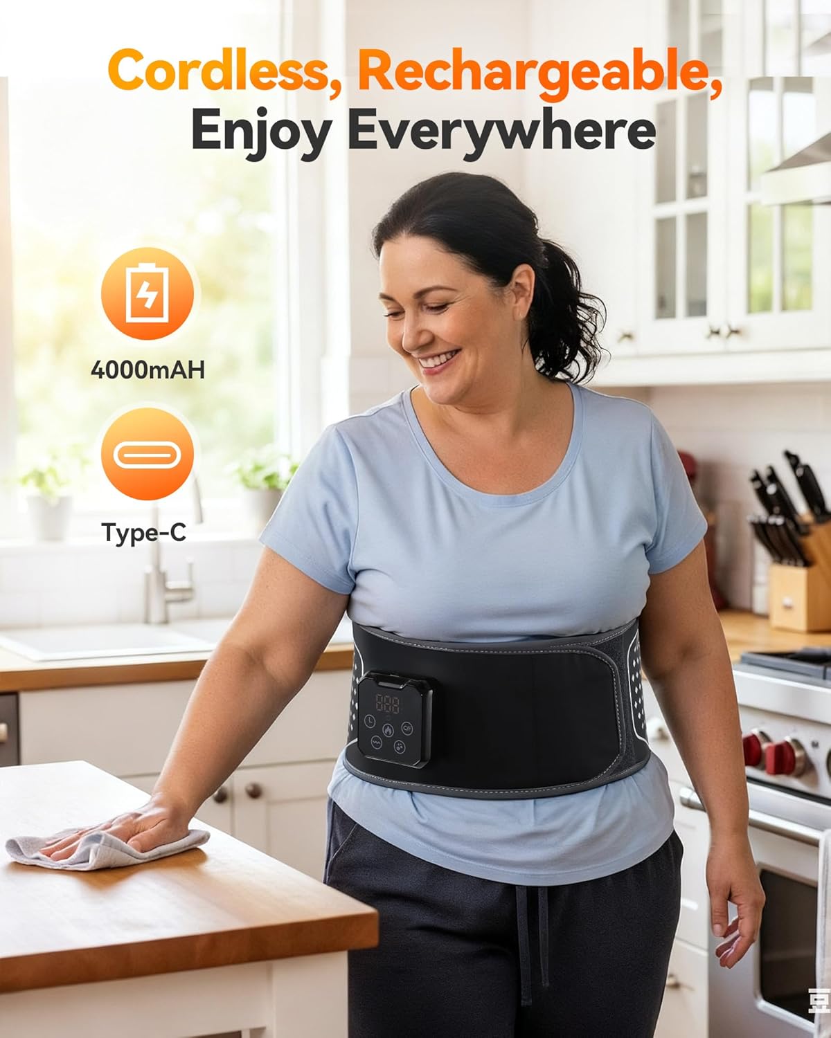 Cordless Heating Pad with Massager for Lower Back Pain Relief, Heated Waist Belt Wrap, Back Brace Lumbar Support with Heat Vibration 3 Levels Adjustable, Touchscreen, Gifts for Dad, Mom