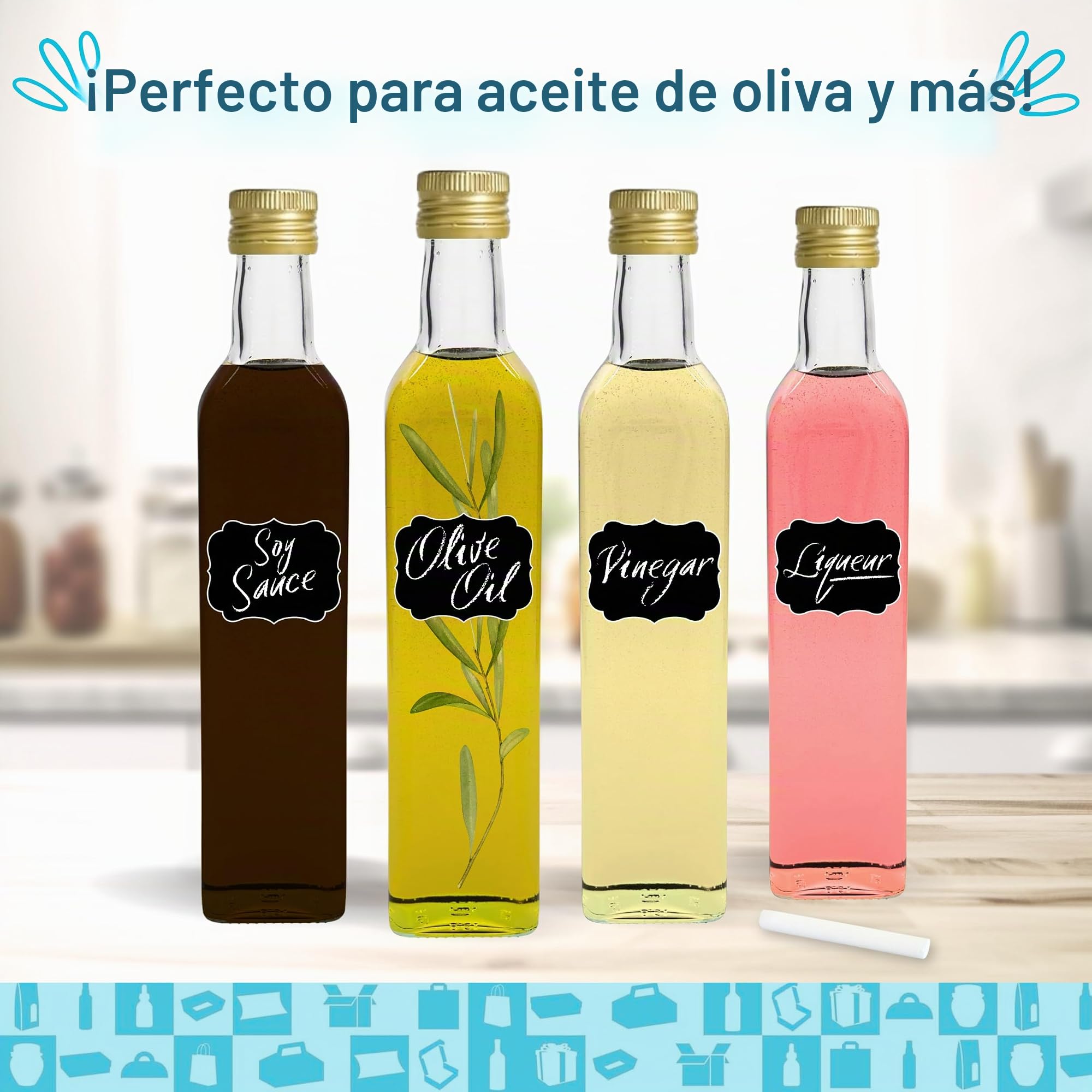 Espirito Rebelde 20 Botellas de Cristal 500ml con Tapón de Rosca Dorado + 20 Cajas - Aceite de Oliva, Vinagre, Alcohol, Salsas - Aceitera de Cristal