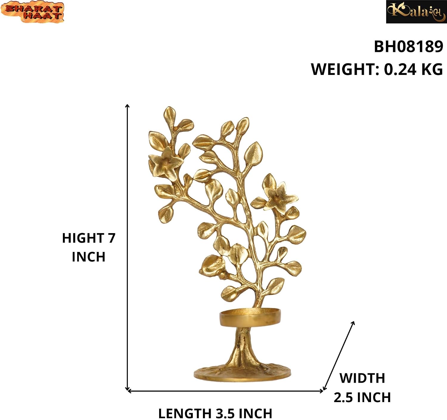 Brass Tree with Candle Stand For Home Office Mandir Decor Gift Items Collectible Handicraft Art, Yellow, 3.5 x 2.5 x 7 Inch (L x W x H) image 2