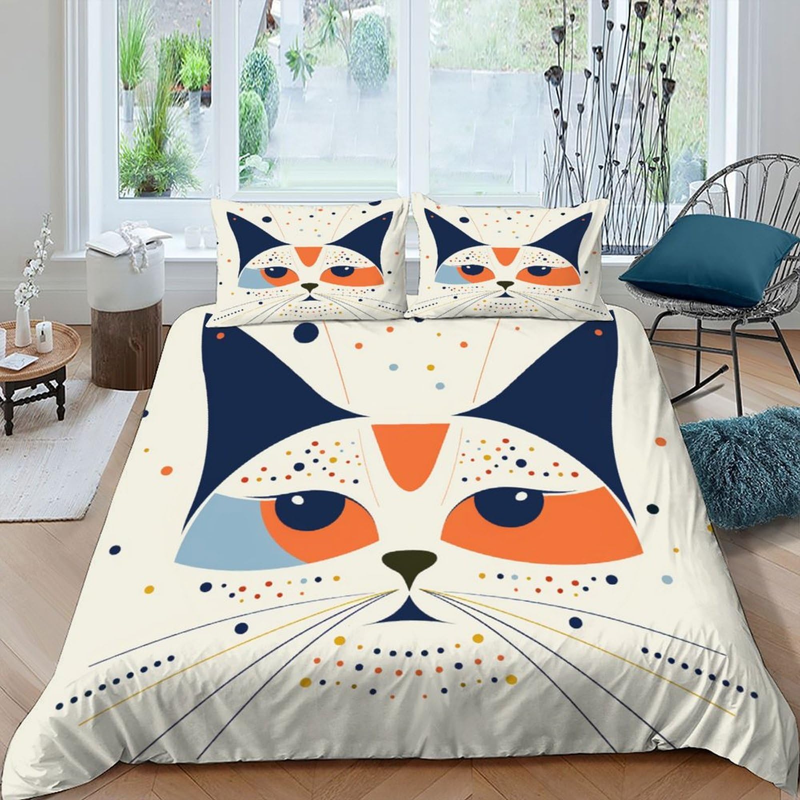 Housse de couette 2 personnes imprimé chat dessin animé lit adulte