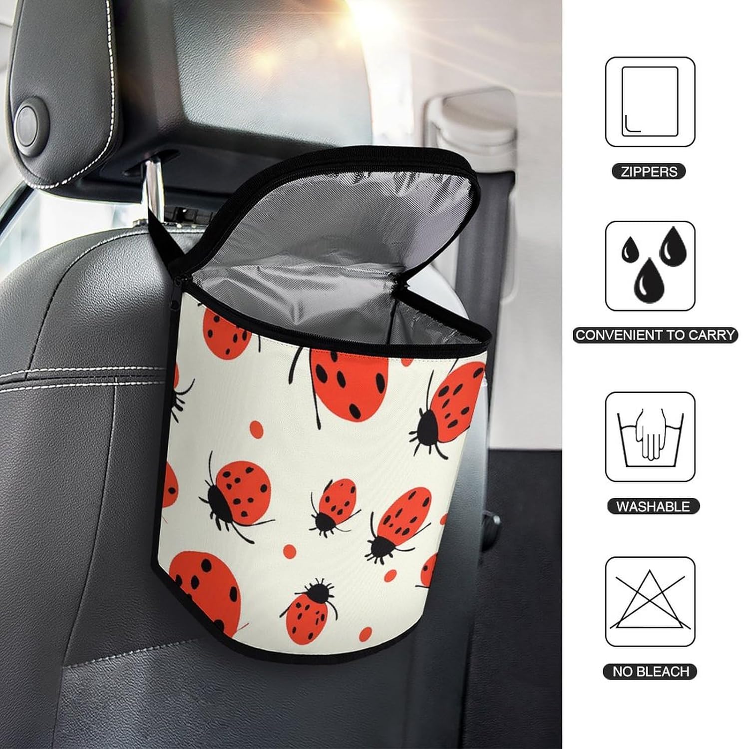 Hanging Car Trash Bag Ladybugs Pattern Infinite Speckled Printed Car Garbage Storage Bag Leakproof Car Trash Can Portable Garbage Storage Bags
