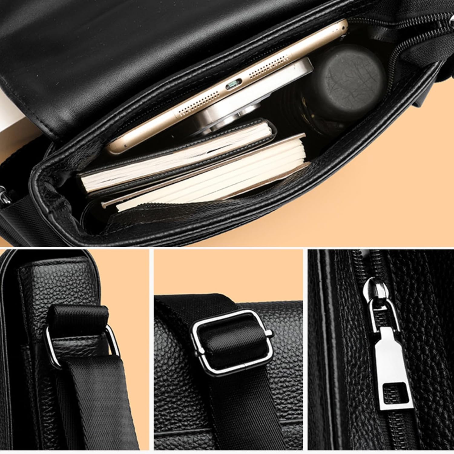 Men's Crossbody Shoulder Bag, Small Messenger Satchel for Work Business Travel, Black Side Purse