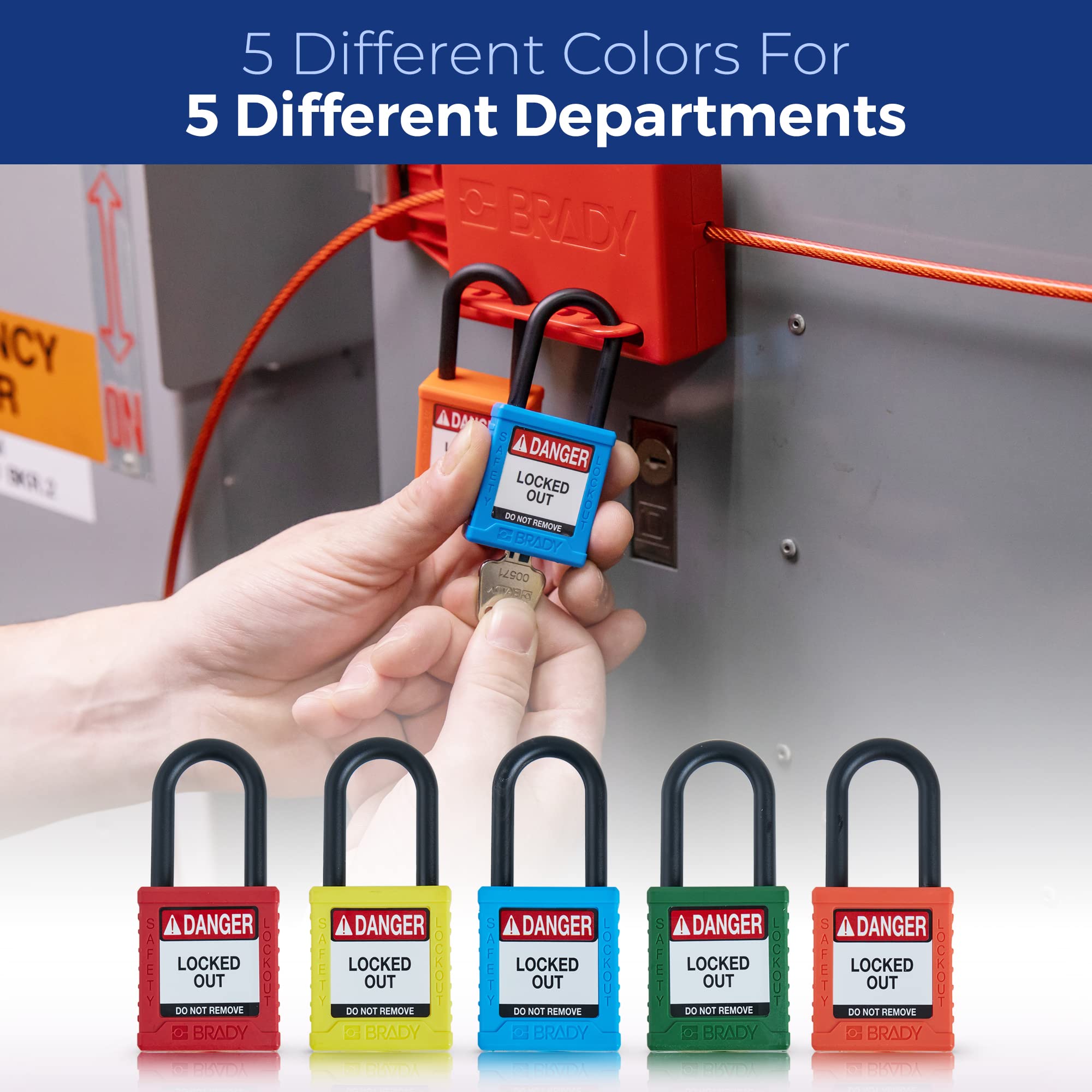 Brady Juego de candados de bloqueo de seguridad, paquete de 6 unidades, color naranja, con llave, candado de bloqueo de seguridad, 1 llave por cerradura, SDPL-ORG-38PL-KA6