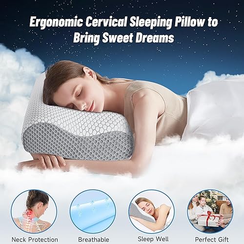 Miniatura 4 de CloudBliss Almohada de espuma viscoelástica, almohada cervical ergonómica con contorno de cuello para dolor de cuello y hombros, almohada ortopédica