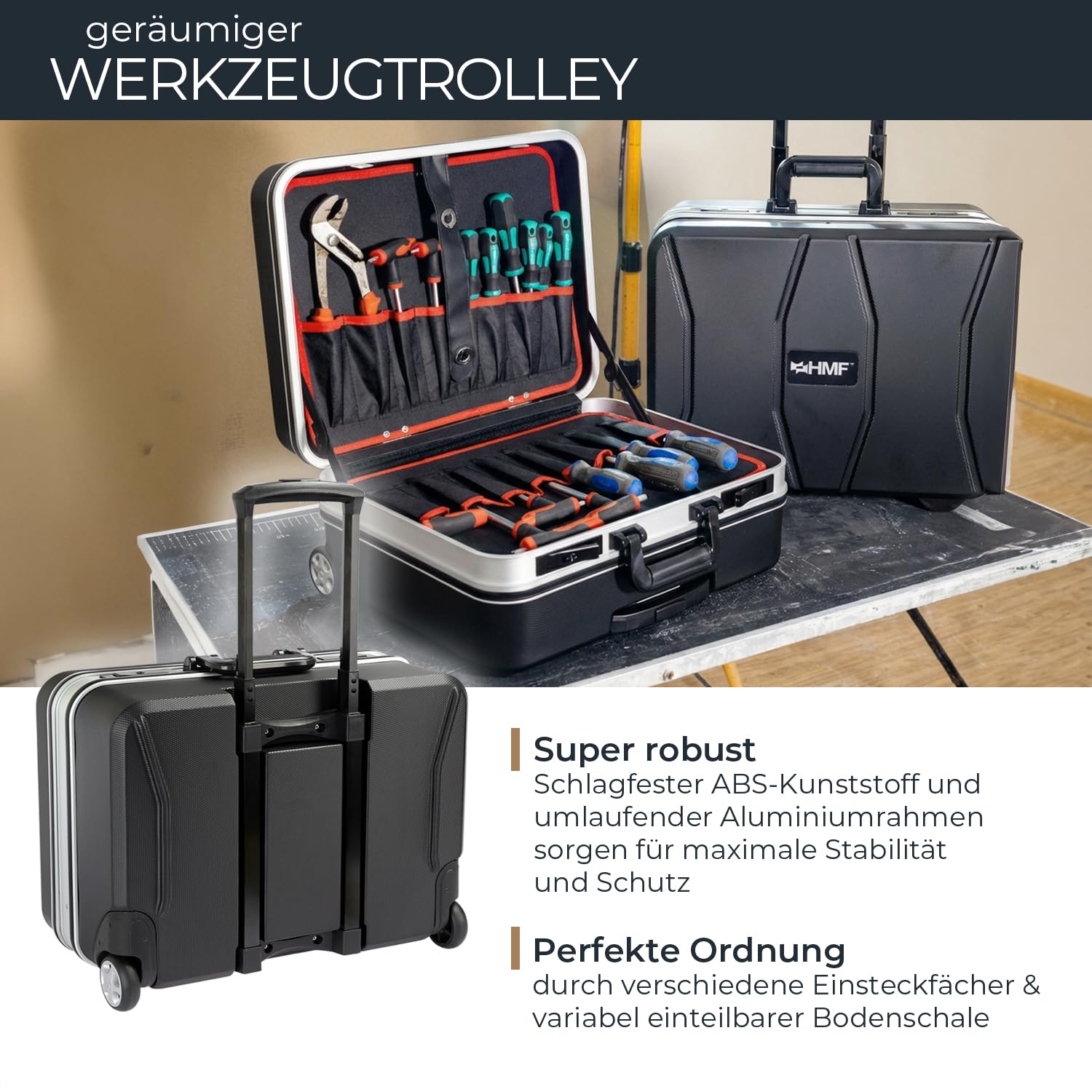 HMF 15602-02 Werkzeugtrolley leer, Werkzeugkoffer aus ABS-Kunststoff mit Rollen | 47 x 40 x 24,5 cm