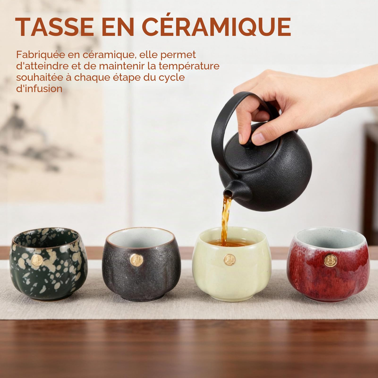 Lot de 4 tasses à thé japonaises, tasses à thé en céramique pour la maison, le bureau, les cadeaux, les sakés tasses à thé