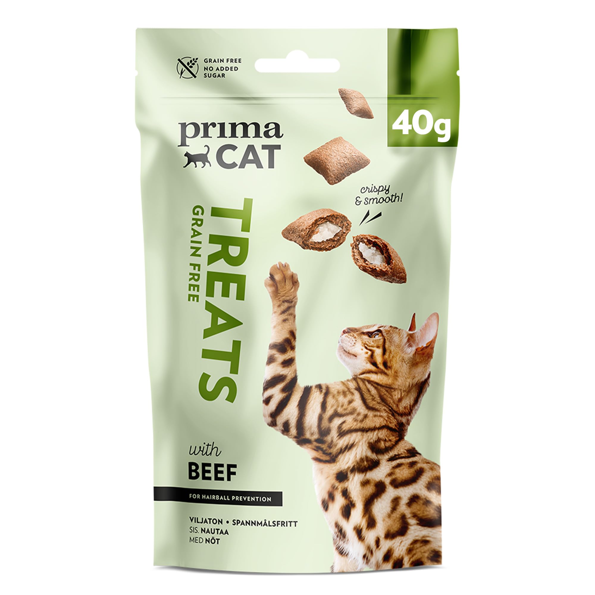 PrimaCat - Golosinas crujientes para Gatos sin Cereales contra Bolas de Pelo, Sabor de Vaca, 18 x 40 g