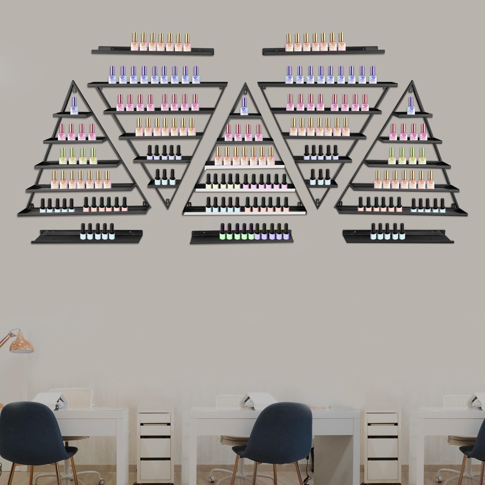 10 Stück Dreieckiges Nagellackregal, 5 Etagen Metal Nagellack-Wandregal, Wandmontiert Nagellack Kosmetik Display-Ständer für Geschäfte, Nagelstudios, Beauty-Shops (Schwarz)