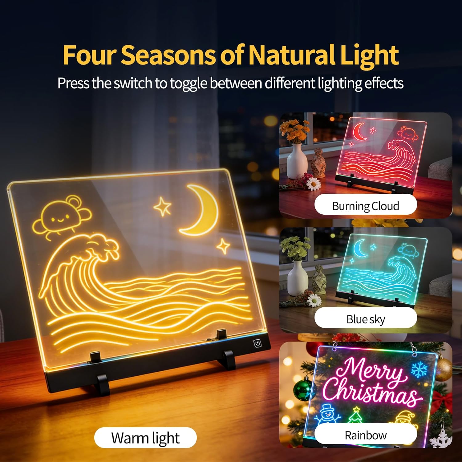 13.8"x10" Rechargeable Doodle Glow LED Note Board, 4 Modes LED Drawing Writing Board with Stand, Acrylic Dry Erase Light Up Drawing Pad for Kids with Adapter, Soft Cloth, Tracing Paper, Pen (Large)