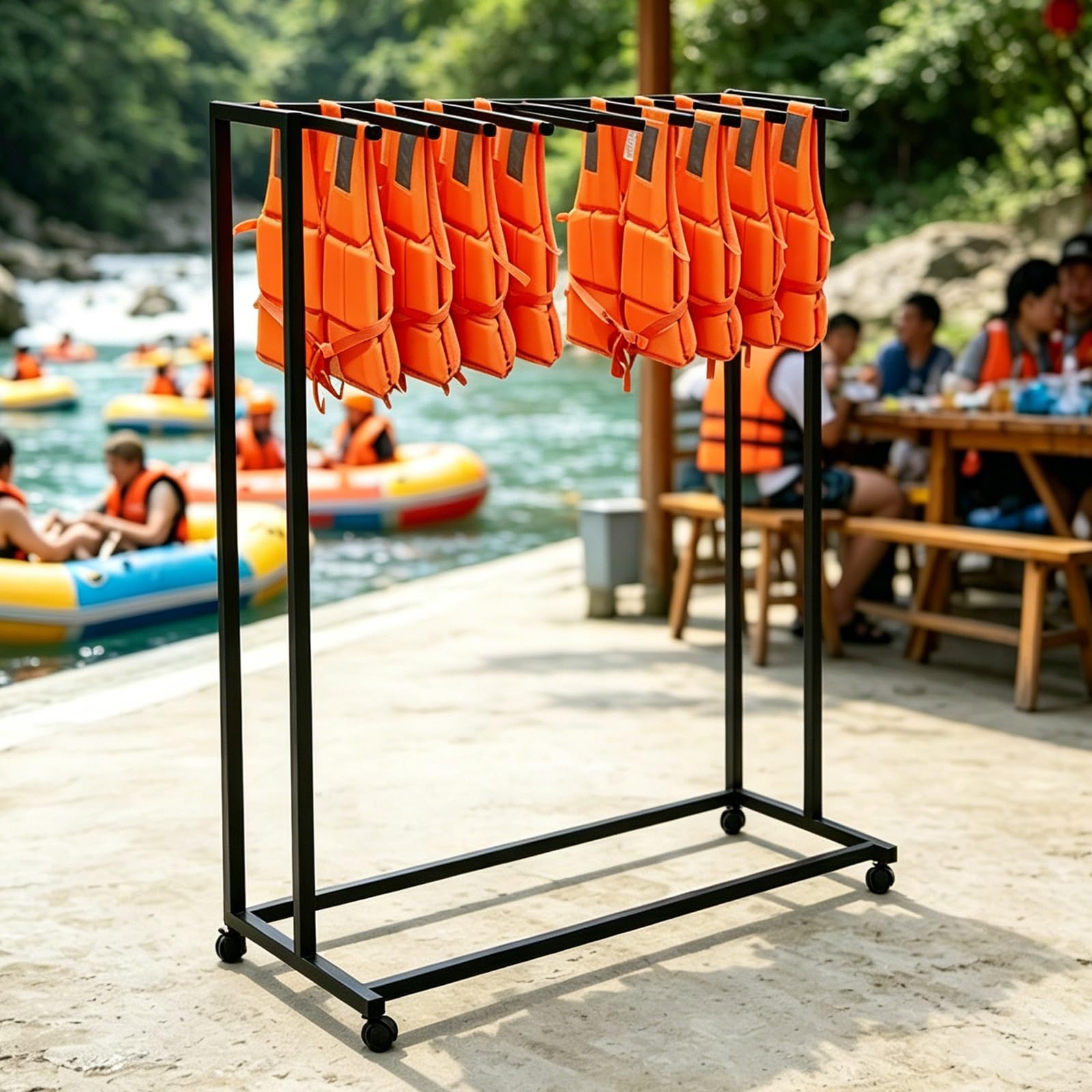 Heavy-Duty Life Vest Holder, Pool Equipment Storage Rack with Swivel Wheels, Multifunctional Freestanding Wetsuit Hanger Vest Hanger for Towels Clothing Swim Rings(Black,1-Tier)