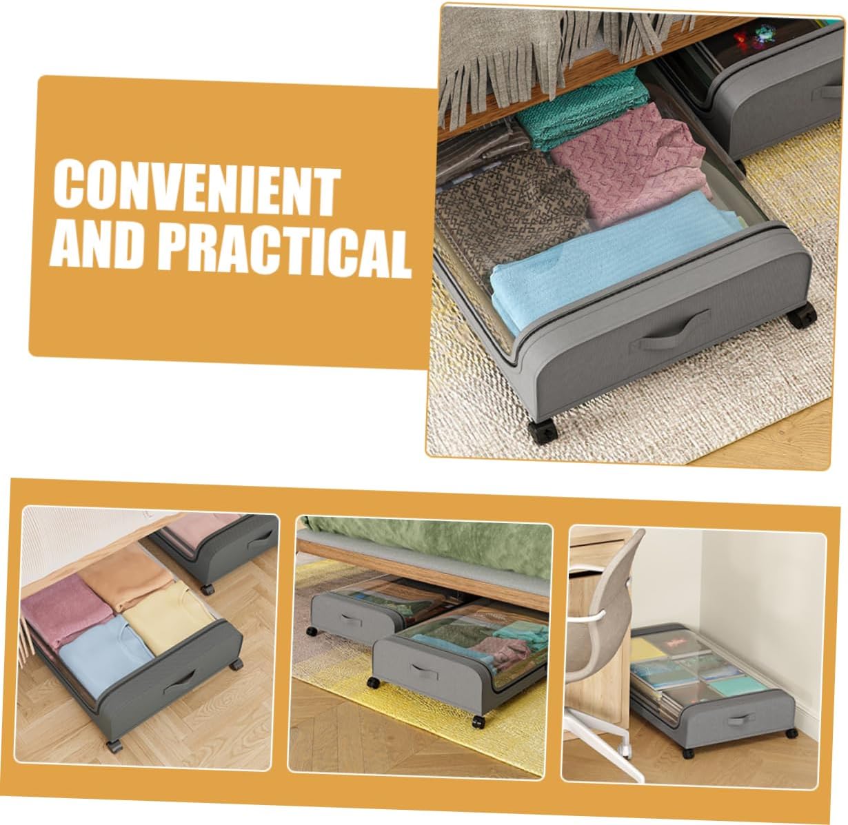 Bed Storage Bin Wheels Multi-functional Organizer for Clothes Toys and Sundries Portable Storage Box Grey Lid for Easy Access and Space-saving