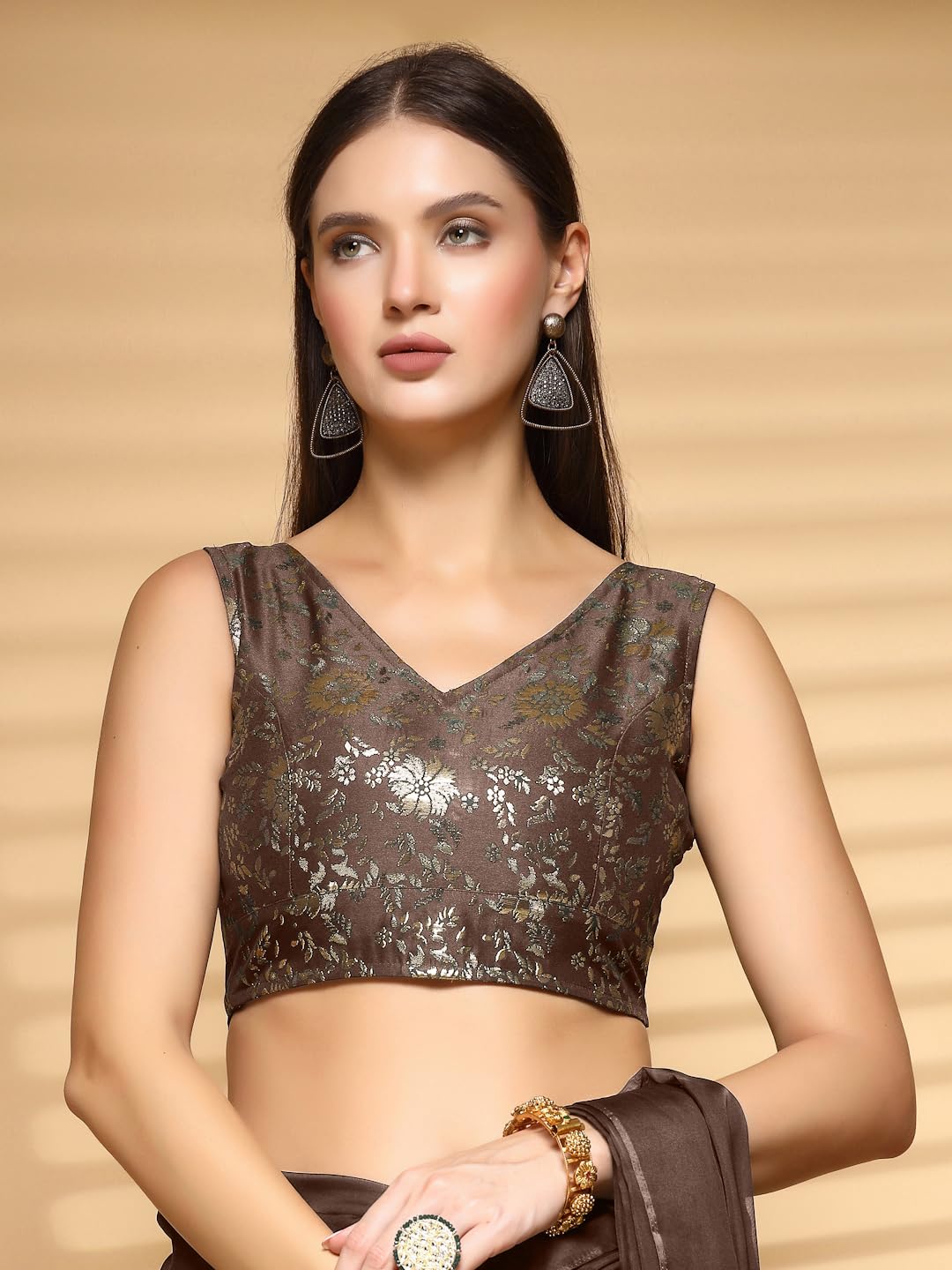 Oomph Readymade Blouse For Women, Brocade, Sleeveless, V-Neck, Rbbl701