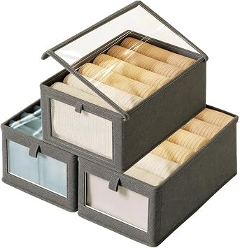 Wardrobe Storage Organiser Foldable - 3Pack Stackable Fabric Storage Boxes with Lids & Window, Shelf Drawer Organiser for Underwear Jeans Pants Shirts Leggings Toy, Grey