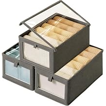 Wardrobe Storage Organiser Foldable - 3Pack Stackable Fabric Storage Boxes with Lids & Window, Shelf Drawer Organiser for Underwear Jeans Pants Shirts Leggings Toy, Grey