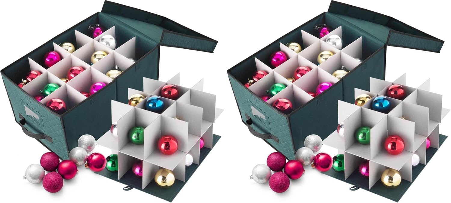 Elf Stor Ornament Storage Box-Green Holiday Organizer Cube- 24 Individual 4” Compartments & Dividers-Flip Top Lid-For Christmas Bulbs & Decorations (Pack of 2)