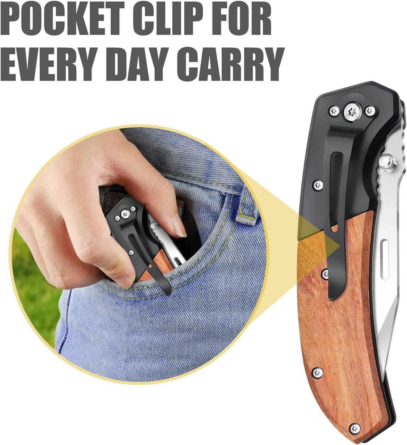 Pocket Knife for Men, Folding Knife with Pocket Clip, Wood Handle EDC Knife for Women with 3.4″ Sliver Serrated Steel Blade, Camping Knife, Hunting, Hiking - Father's Day Gift (Satin Silver-Serrated)