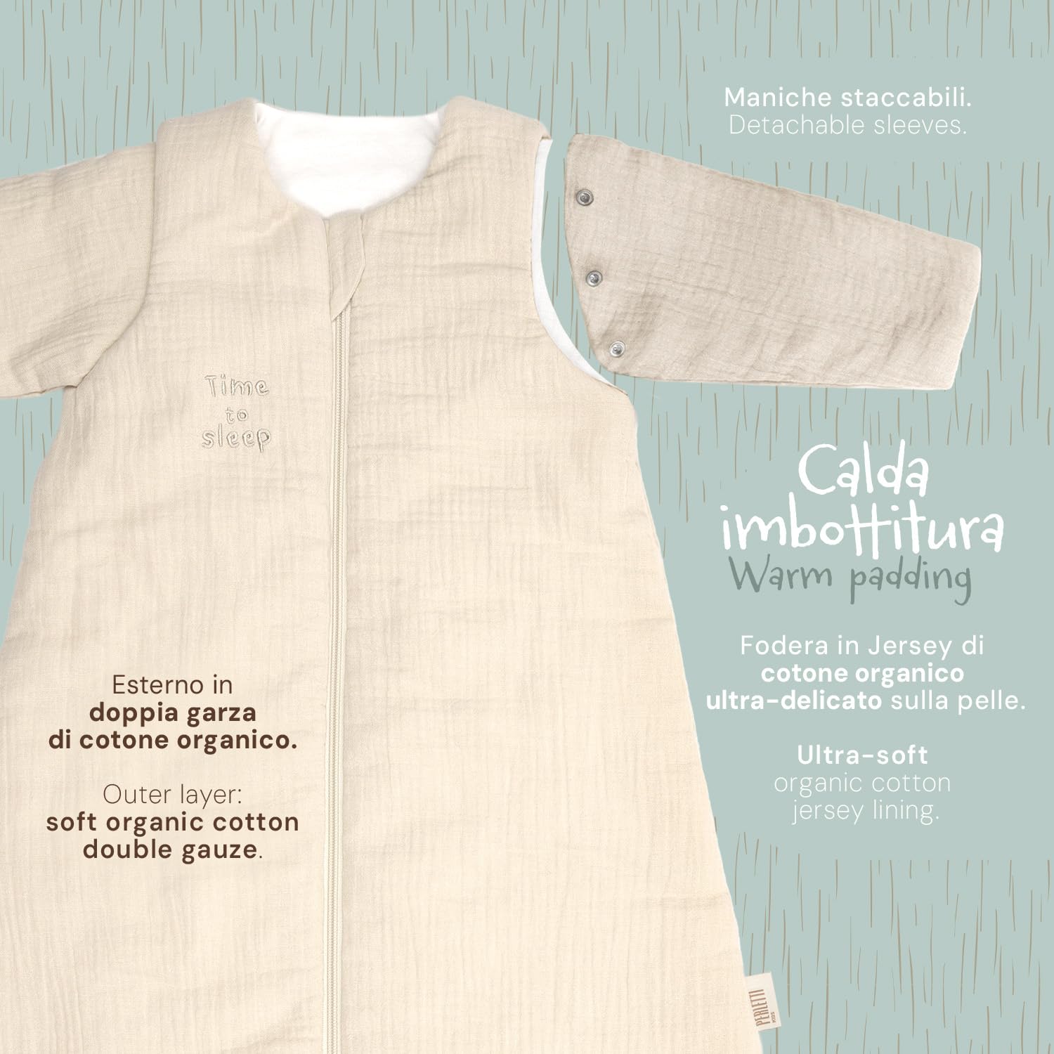 PERLETTI Sacco Nanna Invernale Tog 2.5 Neonato - Cotone Organico con Maniche Staccabili Bambino Bambina 0-6 e 6-18 Mesi - Sleeping Bag con Cerniera Centrale Caldo Morbido