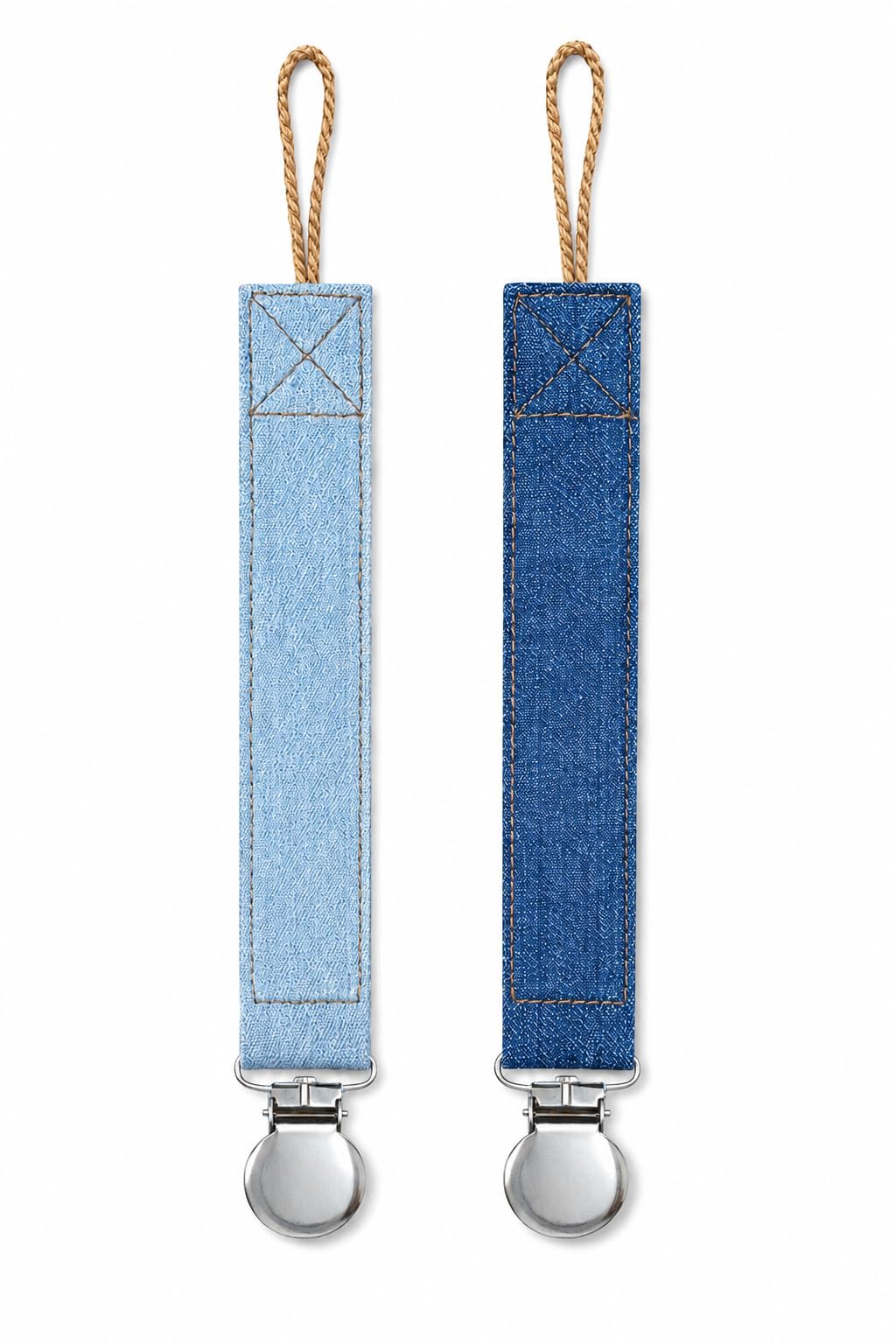 MoodyBaby® Soft Boho Multi Denim Cotton Fabric Dummy Clips - Handmade - Classic + Light Wash - Neutral Jean Cotton Clip Chain for Babies Girls Boys - Soother Chain Neutral Unisex Shower Gift - 2 Pack