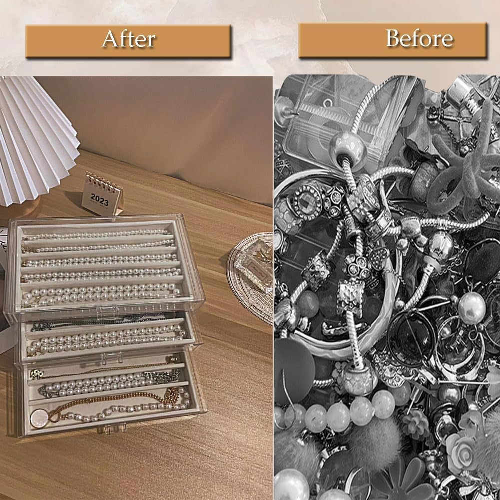 Necklace Organizer Box with Clear Lid, Dustproof Velvet Jewelry Holder Storage Display Case, Stackable Acrylic Necklace Tray Drawer Insert for Women and Girls (Beige,3 Drawers) - Image 6