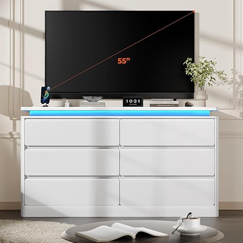 Miniatura 7 de Cómoda blanca de 6 cajones para dormitorio, cómoda larga de 47.2 pulgadas con estación de carga y luces LED, gabinete de almacenamiento doble de