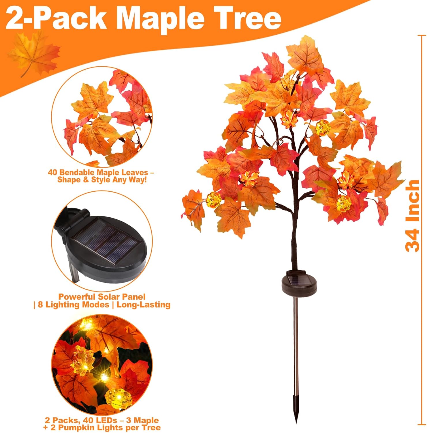 2 Pack Fall Solar Lights Outdoor Decorative with 8 Lighting Modes, 40LED Pumpkin Maple Trees Fall Decor, IP65 Waterproof Solar Stake Lights for Yard Pathway Patio Halloween Thanksgiving Decorations