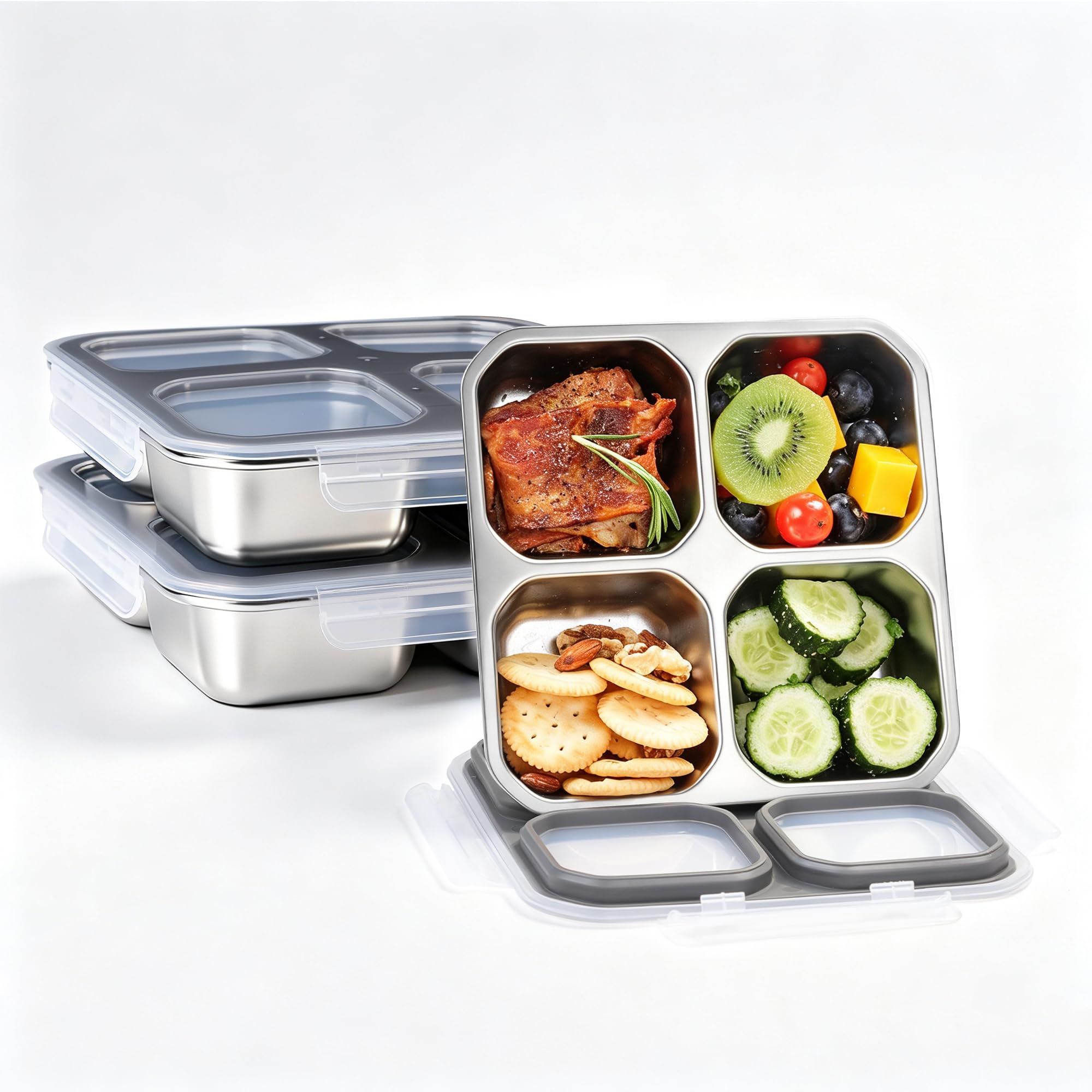 Misichao Pudełko na lunch ze stali nierdzewnej z 4 przegródkami, 600 ml, metalowe pudełko Bento dla dorosłych i dzieci, wielokrotnego użytku, do przygotowywania posiłków, można myć w zmywarce, do