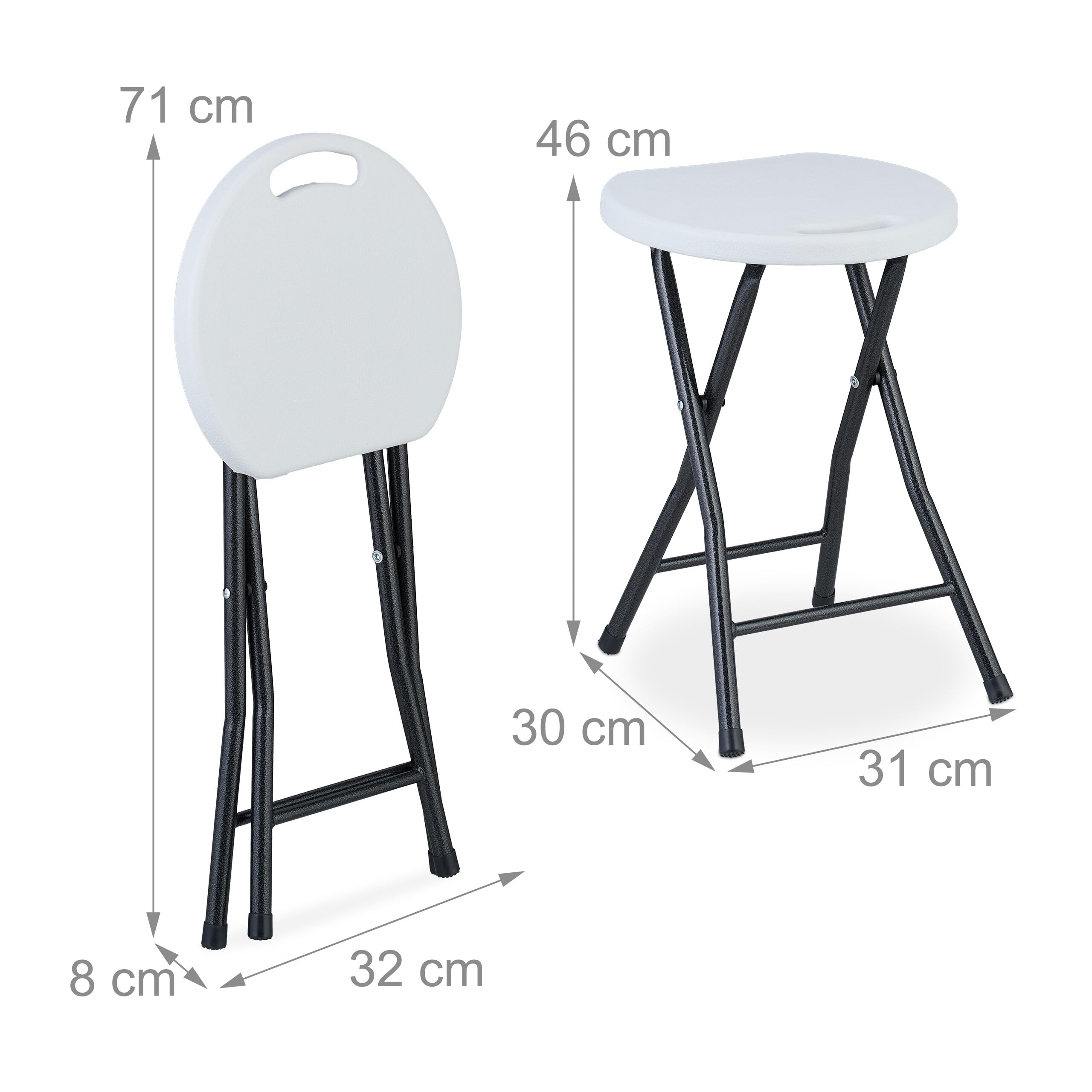 Relaxdays Sgabello Pieghevole, Set da 2, Sedia Campeggio senza Schienale, Resiste Intemperie, 46 x 31 x 30 cm, Bianco