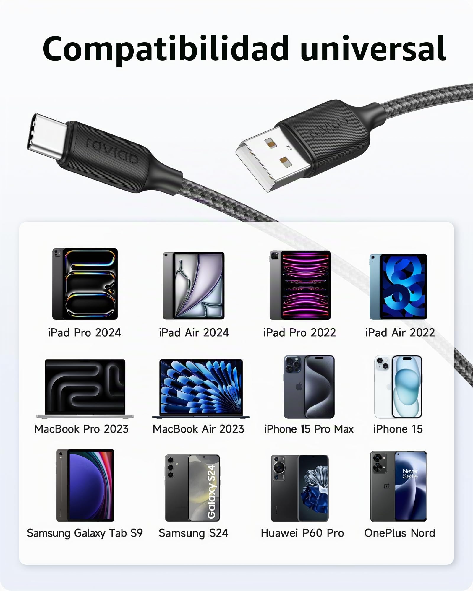 RAVIAD Cable USB A USB C [3M] Cable USB C Carga Rapida 3.1A QC3.0 Largo Cable USB Tipo C Cargador Nylon Trenzado con iPhone 16 15 Pro Max, Galaxy S24/S23, Huawei P40/P30, Xiaomi, iPad, Pixel