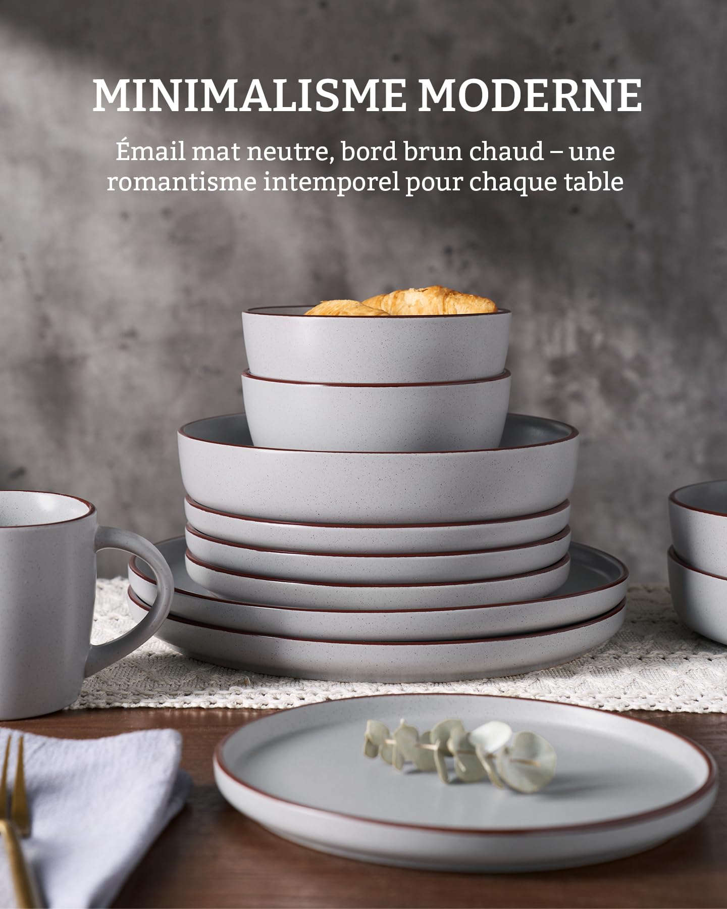 Richmount Mercury Service de Table 12 Pièces, Céramique pour 4 Personnes avec Assiettes et Bols, Micro-ondes et Lave-vaisselle, Gris Clair
